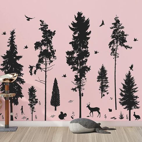 Pine Tree Wall Sticker 9 Trees Wall Decals Deer Bird Bunny Forest and Nature DIY Removable Premium Black Vinyl Sticker for Kids Girl Boy Bedroom Living Room Nursery Rooms Home Offices Walls Decoration in Saudi Arabia