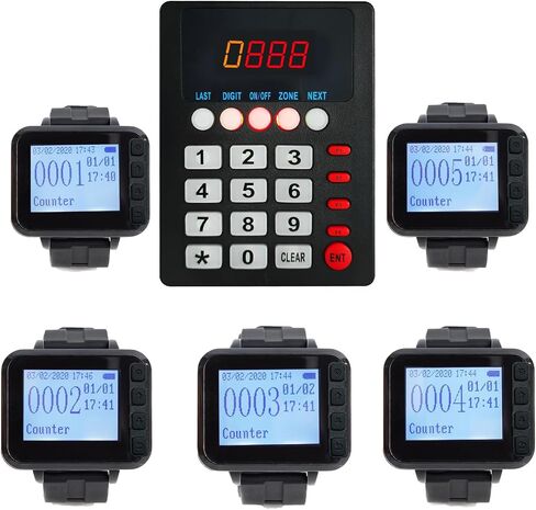 Restaurant Pager System Wireless Calling System Kitchen Paging Waiter System, A Chef Paging Waiter's Keypad Transmitter,5 Watch Display Receivers Cook Press to Call Waiter to Take Dishes in Kuwait