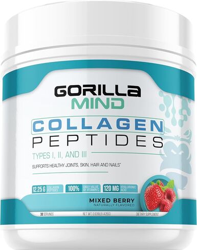 Gorilla Mind Collagen Peptides Powder - Joint & Bone Health/Great for Hair, Skin & Nails/Sleep Support/Types I, II, III/Mix in Water, Juice or a Smoothie - 435g (Blue Raspberry) in Saudi Arabia