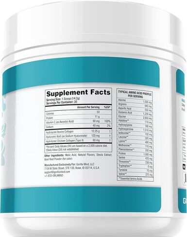 Gorilla Mind Collagen Peptides Powder - Joint & Bone Health/Great for Hair, Skin & Nails/Sleep Support/Types I, II, III/Mix in Water, Juice or a Smoothie - 435g (Blue Raspberry) in Saudi Arabia