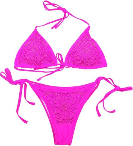 JUMISEE Women's 2 Piece Sparkle Rhinestone Triangle Bikini Sexy Crystal Backless Tie Side Bathing Suit Swimsuit in Kuwait