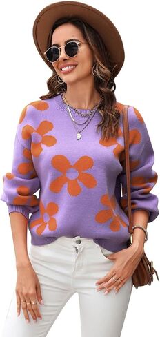 CHICWISH Women's Hot Pink/Nude Pink/Lilac/Cream Cuteness Flowers Boxy Round Neck Long Sleeves Knit SweaterKnit Sweater in Saudi Arabia