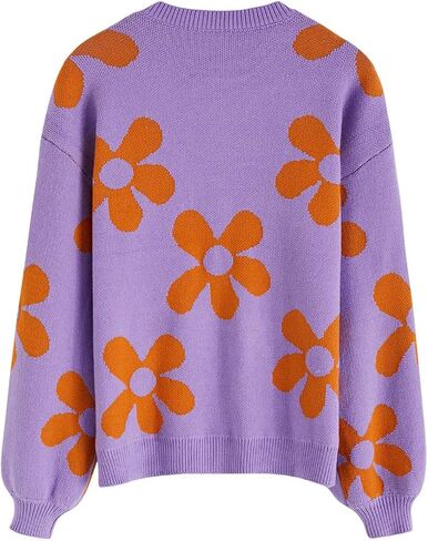 CHICWISH Women's Hot Pink/Nude Pink/Lilac/Cream Cuteness Flowers Boxy Round Neck Long Sleeves Knit SweaterKnit Sweater in Saudi Arabia