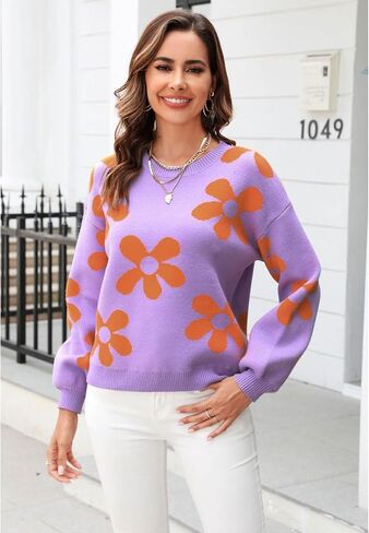 CHICWISH Women's Hot Pink/Nude Pink/Lilac/Cream Cuteness Flowers Boxy Round Neck Long Sleeves Knit SweaterKnit Sweater in Saudi Arabia