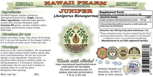 Juniper Alcohol-Free Liquid Extract, Organic Juniper (Juniperus Monosperma) Dried Berry Glycerite Hawaii Pharm Natural Herbal Supplement 2 oz in Kuwait