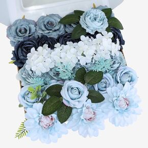 Artificial Flowers Blue Roses Silk Fake Flower Leaf Combo Set for DIY Wedding Bouquets Centerpieces Party Baby Shower Table Decorations