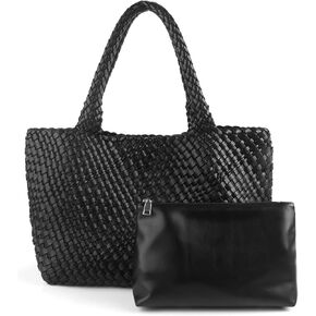 women's Woven Bag，Vegan Leather Bag and Purse Tote Bag Large Summer Beach Travel Handbag Retro Shoulder Bag