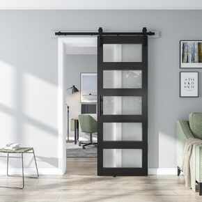 40'' x 84'' Glass Barn Door and 7 Ft Brushed Nickel Hardware Kit Included, MDF White Barn Door Slab with Frosted Glass, PVC Surface, Combined with Handle and Floor Guide-Assembly Required