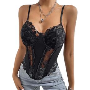 Going Out Corset for Women Lace Floral Straps Sleeveless Corset Tops Sheer Tube Bustier Slim Fit Summer Crop Top