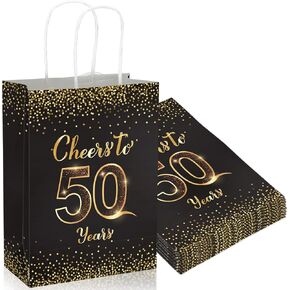 16 Pack 50th Birthday Gift Bags Cheers to 50 Years Ideas Party Favors Bags Black and Gold Treat Bags Paper Candy Goodie Bags with Handles for Birthday Anniversary Wedding Decorations Supplies