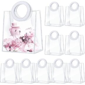 10 Pcs Clear Transparent PVC Handbag, Heavy Duty Reusable Gift Bags with Handles Clear Plastic Gift Wrap Bags for Bridal Baby Shower Wedding Shopping Bags, 8 x 7 x 4 Inch