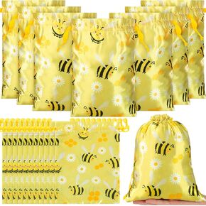 Cosblank 24 Pcs Bee Theme Bags Bee Party Gift Bags with Drawstring 7 x 9 Inch Honey Bee Birthday Party Supplies Candy Treats Goodies Favors Bags for Kid Bee Birthday Party Baby Shower Party Supplies