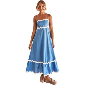 IDOPIP Womens Summer Casual Dress Spaghetti Maxi Dress Elegant Empire Waist Long Dress Beach Trendy Weeding Guest Outfit