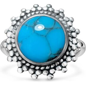 Natural Round Turquoise Stone Ring,S925 Sterling Silver Retro Natural Sunflower Sun Ring Jewelry Gift for Her
