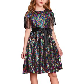 GRACE KARIN Girls Sequin Party Dresses Fringe Short Sleeve Formal Fancy Prom Graduation Dress with Hairbow 5-14Y