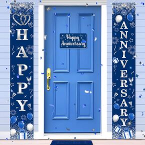 Blue Happy Anniversary Decorations Door Banner for Men Women Navy Blue Silver Happy Anniversary Front Door Porch Banner Happy Anniversary Hanging Banner for Wedding Anniversary Party Decor Supplies
