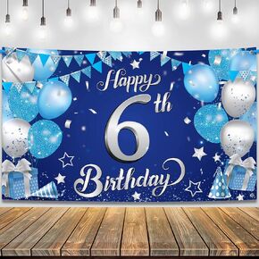 KatchOn, Blue Happy 6th Birthday Banner - Xtralarge, 72x44 Inch | 6th Happy Birthday Banner | Blue and Silver 6th Birthday Banner for 6th Birthday Party Decorations, Blue 6th birthday decorations