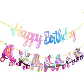 Roller Skating Birthday Party Banner Roller Skating Birthday Party Decorations Neon Rainbow Glitter Roller Skate Happy Birthday Banner for Roller Skater Themed Birthday Party Baby Shower Supplies