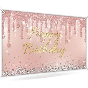 Avezano Rose Gold Birthday Backdrop Banner Rose Gold Glitter Happy Birthday Party Background Happy Birthday Party Decorations for Women Girls 70.8x43.3"