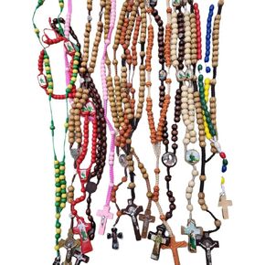 CLGIFT 12 Rosary Bead Necklace Asst. Color Wood Bead Crucifix Religous with cross/Religious favor/Bautizo Comunion Christening Rosario Recuerdos
