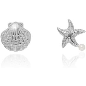 Asymmetric Sea Shell Starfish Stud Earrings for Women Girls Stainless Steel Faux Pearl Star Seashell Studs Earring Cute Summer Beach Party Jewelry Gifts