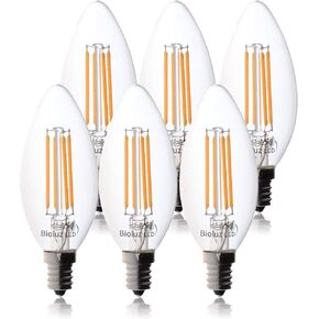 Bioluz LED 92 CRI E12 LED Candelabra Bulbs 60 Watt (5.5W) Warm White 2700K Clear LED Filamament Candle Bulb Dimmable UL Listed Title 20 6-Pack