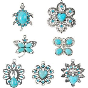 24Pcs Turquoise Charms Western Charms for Jewelry Making Vintage Antique Silver Pendants Teardrop Flower Flat Round Dangle for Bohemian Necklace Earring Making