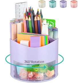 Pen Holder for Desk 4 Slots 360-Degree Rotating Pencil Holder Desk Organizers with Drawer Desktop Storage Pen Organizers Stationery Supplies Pen Cup Pencil Caddy for Office School Home Purple