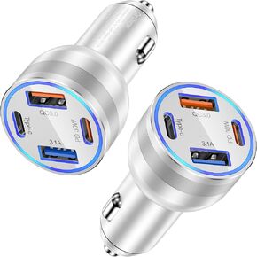 USB C Car Charger, Agtray 4-Port 65W PD/QC Fast Charging Car Charger Dual USB-C & USB-A Cigarette Lighter Type C Power Adapter Compatible for iPhone 15 14 13 12, iPad, Galaxy S24 S23 S22 (2Pack,Black)