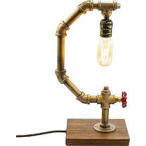 Steampunk Lamp with Dimmer, Dimmable Loft Style Industrial Vintage Antique Style Light with Bulb, Wood Base with Iron Piping Desk Lamp, Retro Desk Lamp LL-032