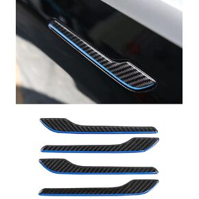 Door Handle Cover, Real Matte Carbon Fiber Door Handle Trim Protector Set Compatible with Tesla Model 3 Model Y (4 Pieces) (Real Glossy Carbon Fiber-Black and Blue)