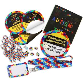 Autism Awareness Set Non-adhesive Magnetic Card Stickers Door Sign Pins Brooches Autistic Child Lives Here Set Education Crafts for Special Education Supplies