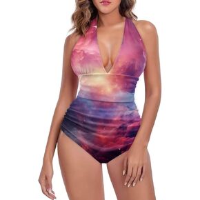 Womens Swimsuits Tummy Control Bathing Suit One Piece Vintage Swimwear V Neck Ruched Swim Suit