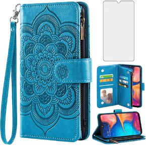Asuwish Compatible with Samsung Galaxy A20 A30 Wallet Case and Tempered Glass Screen Protector Flower Flip Card Holder Stand Cell Phone Cover for Glaxay M10s A 20 30 Gaxaly 20A SM A205G Women Men Blue