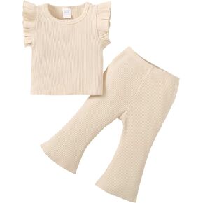 SOBOWO Toddler Girl Summer Outfits Ribbed Knit Ruffle Solid Sleeveless Tops Flare Pants 2Pcs Baby Clothes for Girls Gifts
