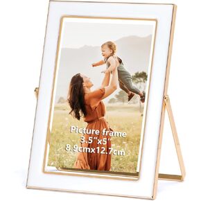 3.5x5 Floating Picture Frame, White Photo Frame with Gold Metal Edging for 2x3, 3.5x5 up to 4x6 Picture, Tempered Glass Frame for Desk Vertical Display