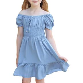 Simplee kids Off The Shoulder Summer Dress Girls Smocked Ruffle Puff Sleeves Teen Skirt