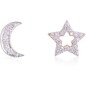 Certified 14K Solid Gold Open Star Moon Stud Earrings 0.13 Carat Natural Brilliant Cut Diamonds (G-H Color, SI1-SI2 Clarity) Fine Jewelry for Women Gifts for her