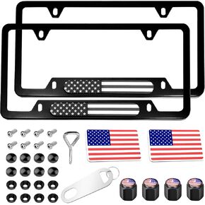 WSSROGY American Flag License Plate Frames Cover, 2 Pack Front Rear US Flag Aluminum Car Tag Holder Cover with Screws (Silver)