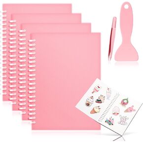 4 Pieces Sticker Collecting Book Album Reusable Sticker Book with a Plastic Spatula and Tweezer A5 Size 8.3" x 5.8" Christmas Notepads Sticker Collection Labels Accessories (Pink)