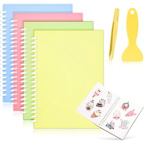 4 Pieces Sticker Collecting Book Album Reusable Sticker Book with a Plastic Spatula and Tweezer A5 Size 8.3" x 5.8" Christmas Notepads Sticker Collection Labels Accessories (Pink)