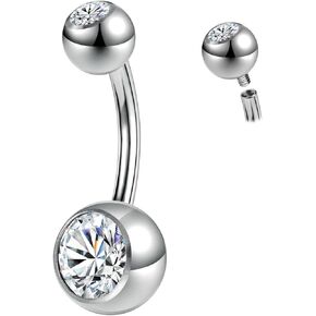 ZS ASTM F136 Solid Titanium Belly Button Ring, 14G Cubic Zircon Navel Ring Navel Piercing, Internally Threaded Navel Barbell Stud Long Bar Body Piercing Jewelry for Women