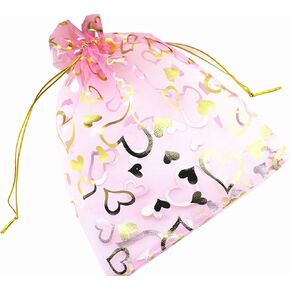 100 Pack 7 x 9 Inch Drawstring Flower Heart Bags Organza Jewelry Gift Pouch Candy Pouch Drawstring Wedding Favor Bags (fuchsia flower)