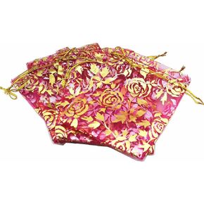 100 Pack 7 x 9 Inch Drawstring Flower Heart Bags Organza Jewelry Gift Pouch Candy Pouch Drawstring Wedding Favor Bags (fuchsia flower) in Kuwait