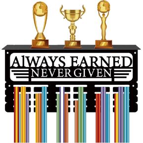 CREATCABIN Medal Trophy Holder Medal Hanger Display with Shelf Stand Sport Wall Mount Hold 70+ Medals for Gymnastics Dance Soccer Running Swimming Awards Rack 15.7x7.9Inch-Always Earned Never Given