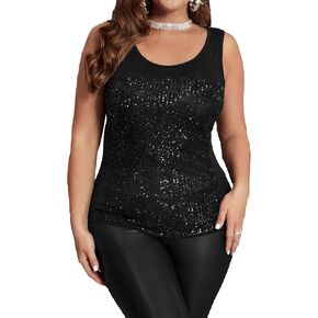 SweatyRocks Women's Plus Size Sparkly Sequin Slim Fit Tank Top Sleeveless Scoop Neck Party Tops