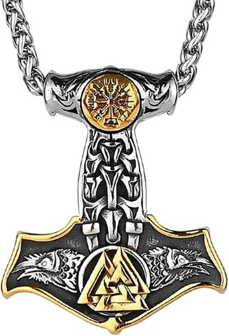 LOBON Viking Thor Hammer Necklace Nordic Vegvisir Valknut Symbol Pendant Stainless Steel Norwegian Amulet Jewelry Gift for Men Women in Saudi Arabia