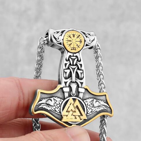 LOBON Viking Thor Hammer Necklace Nordic Vegvisir Valknut Symbol Pendant Stainless Steel Norwegian Amulet Jewelry Gift for Men Women in Saudi Arabia