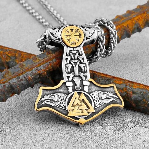 LOBON Viking Thor Hammer Necklace Nordic Vegvisir Valknut Symbol Pendant Stainless Steel Norwegian Amulet Jewelry Gift for Men Women in Saudi Arabia