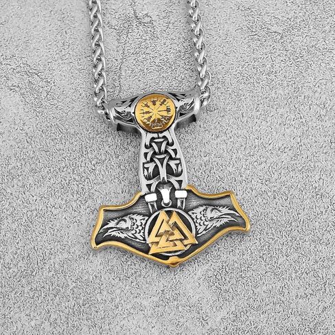 LOBON Viking Thor Hammer Necklace Nordic Vegvisir Valknut Symbol Pendant Stainless Steel Norwegian Amulet Jewelry Gift for Men Women in Saudi Arabia